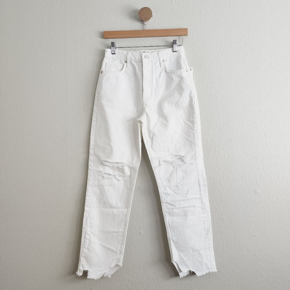 Free People Tapered Baggy Boyfriend Jeans White Distressed Straight Leg Size 26